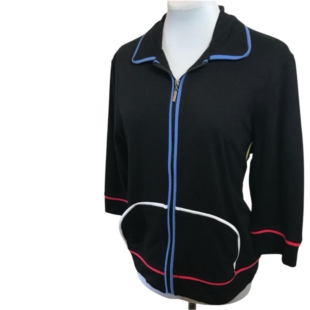 Onque Casual Vintage Black Zip Front Jacket Colored Piping Size XL - Picture 3 of 7